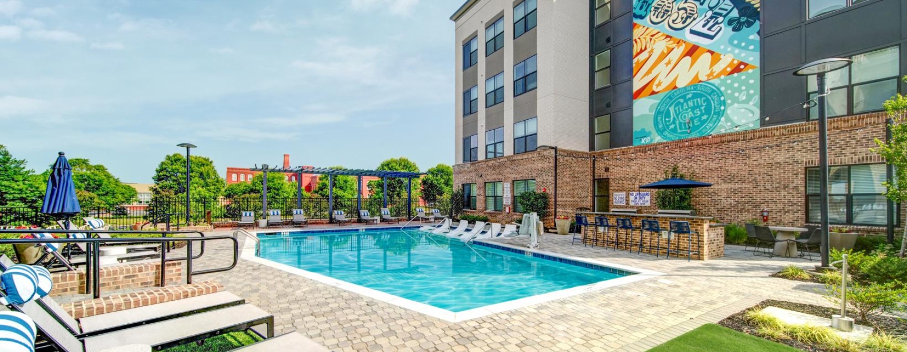 a swimming pool outside of a building