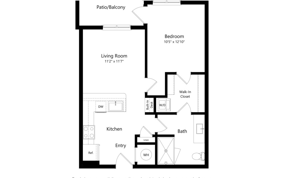 1E - 1 bedroom floorplan layout with 1 bath and 637 square feet.