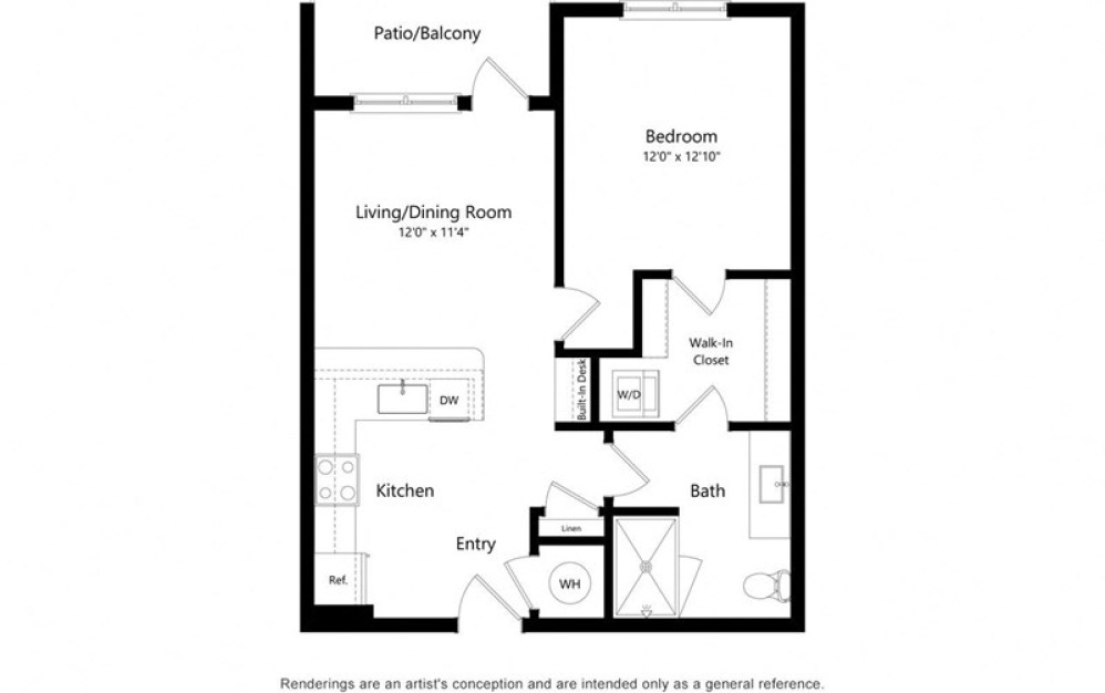 1S - 1 bedroom floorplan layout with 1 bath and 665 square feet.