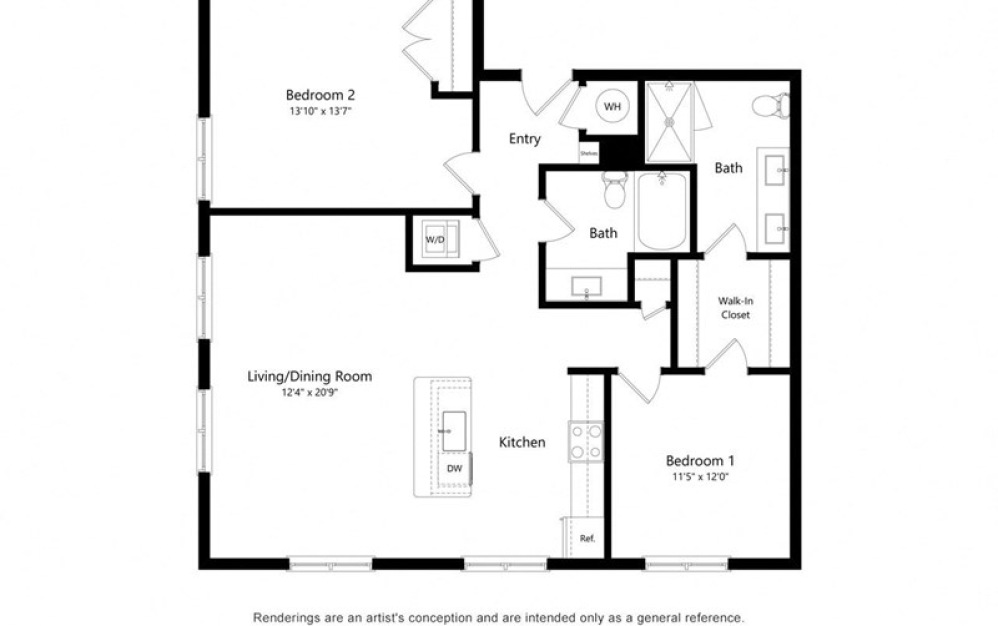 2L ALT - 2 bedroom floorplan layout with 2 baths and 1170 square feet.