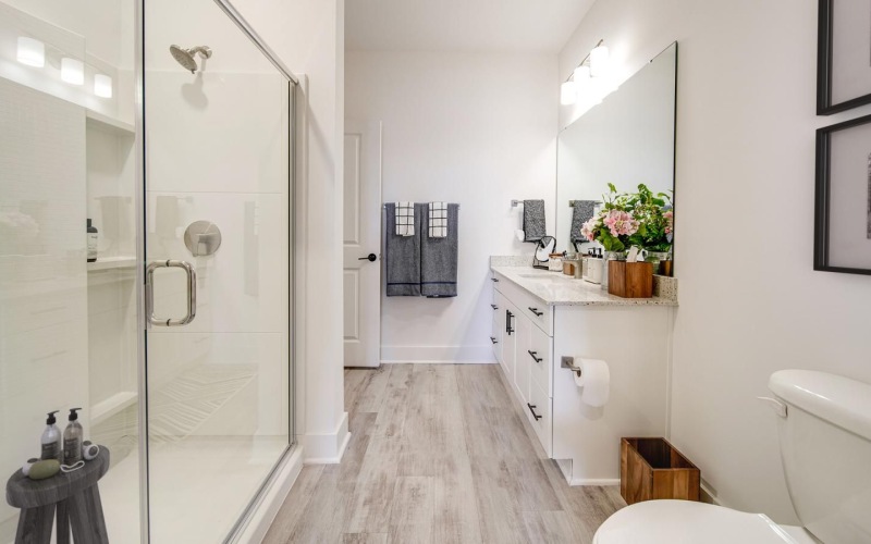 a bathroom with a glass shower